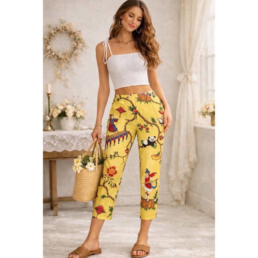 Vintage Steven Stolman Chinoiserie Panda‎ Print Pants Yellow Novelty Size 6